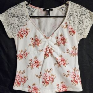 Forever 21 Floral Lace Sleeve Blouse - Pink and White